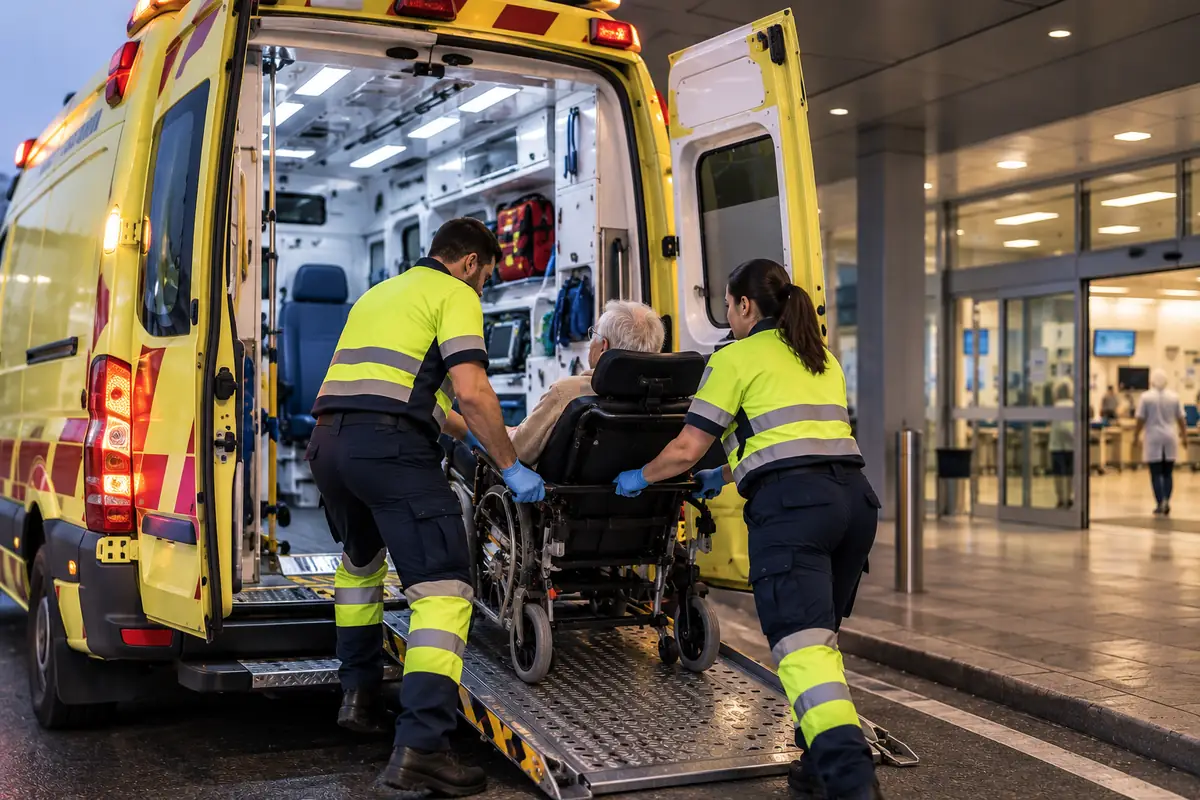 Ambulancias y transporte sanitario: dos técnicos sanitarios suben a una persona mayor en silla de ruedas por la rampa de una ambulancia amarilla