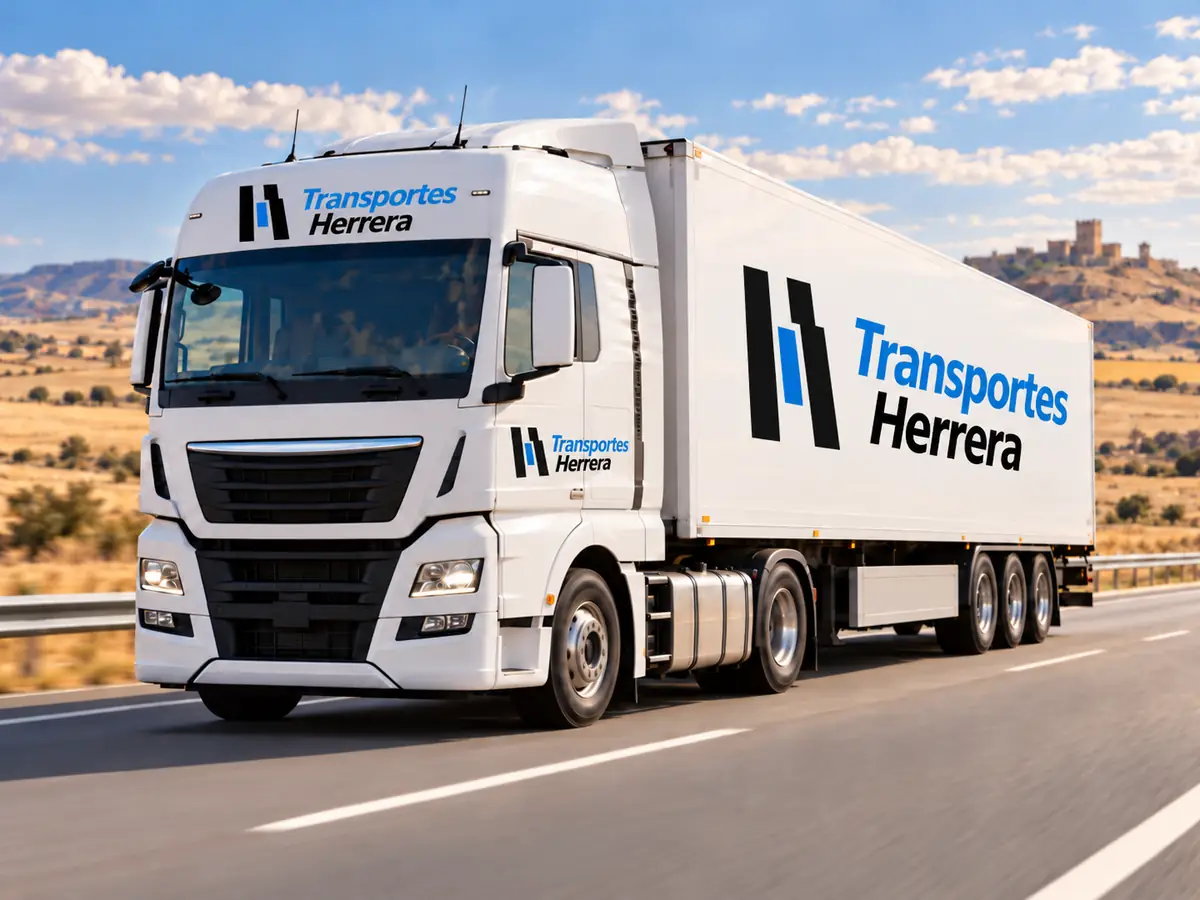Transporte de mercancías por carretera: camión tráiler blanco de Transportes Herrera en una autovía entre campos castellanos
