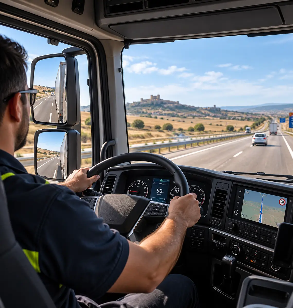 Conductor profesional con las manos en el volante de un camión y la autovía al fondo
