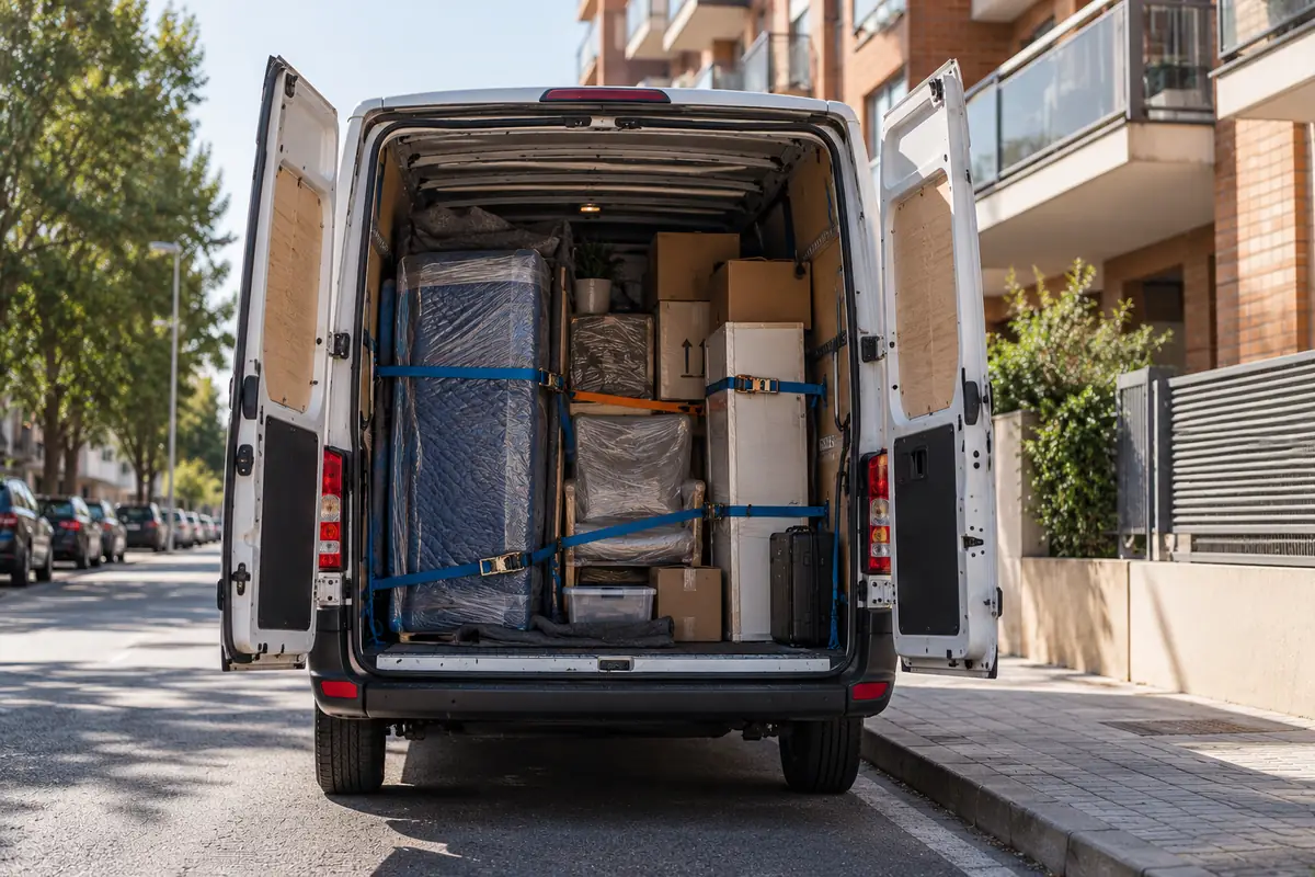 Furgoneta blanca con las puertas traseras abiertas y muebles y cajas sujetos con cinchas, aparcada en una calle residencial