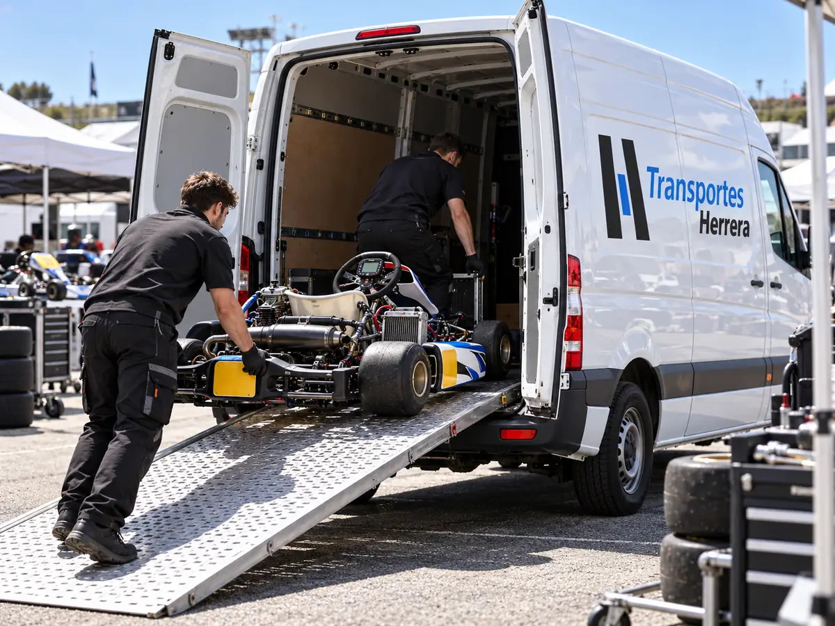 Transporte de karts: dos operarios suben un kart de competición por la rampa de una furgoneta blanca en el paddock de un circuito