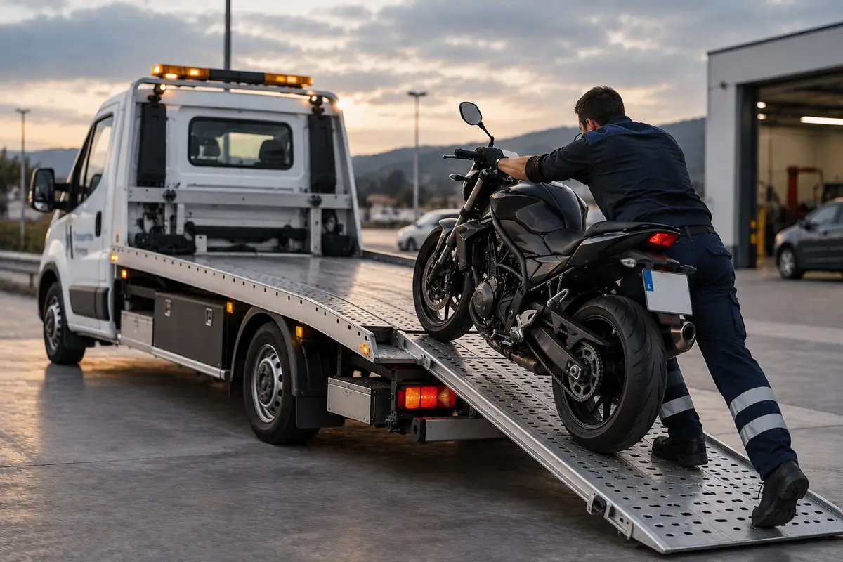 Un operario sube una moto negra por la rampa de un camión portavehículos delante de un taller