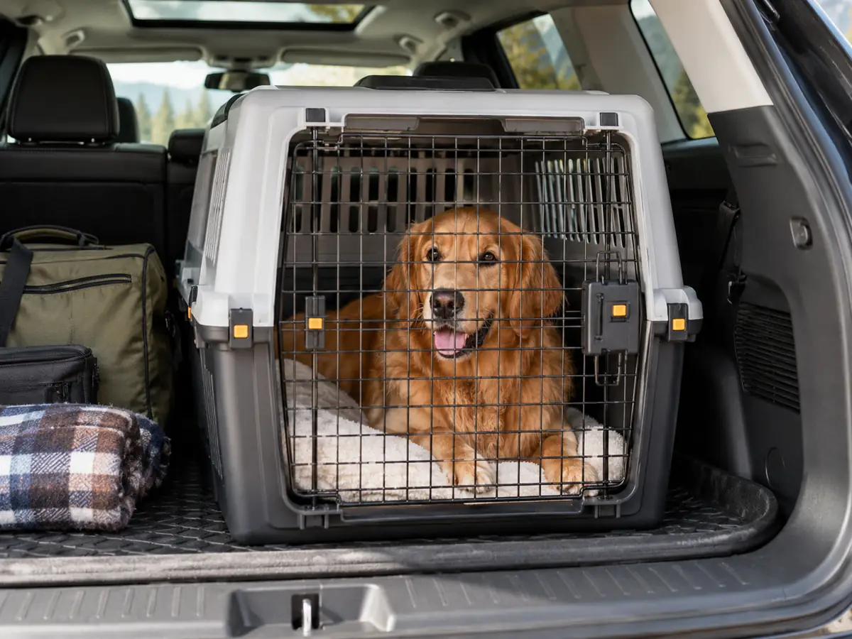 Transporte de animales: un golden retriever tranquilo dentro de su transportín cerrado en el maletero de un coche