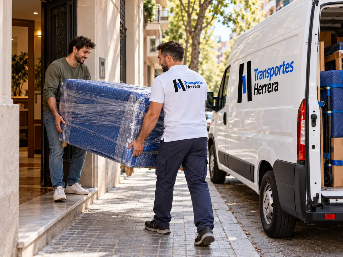 Un conductor y un cliente llevan un mueble envuelto en mantas y film desde un portal hasta la furgoneta