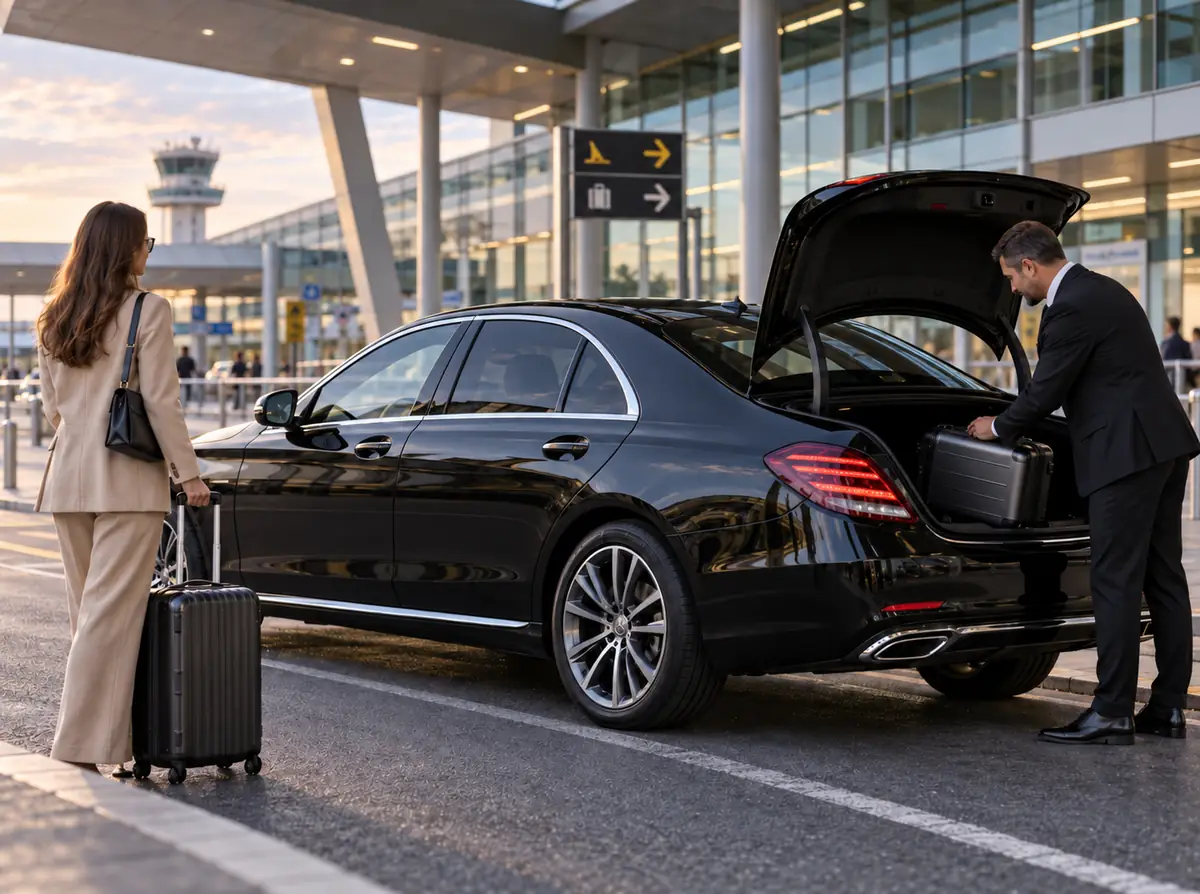 Un conductor guarda una maleta en el maletero de una berlina negra junto a la terminal del aeropuerto mientras la pasajera espera